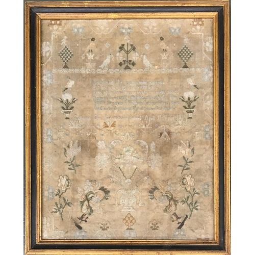 305 - A fine early 19th century sampler, depicting birds and flowers with six lines of prayer above 'Cathe... 