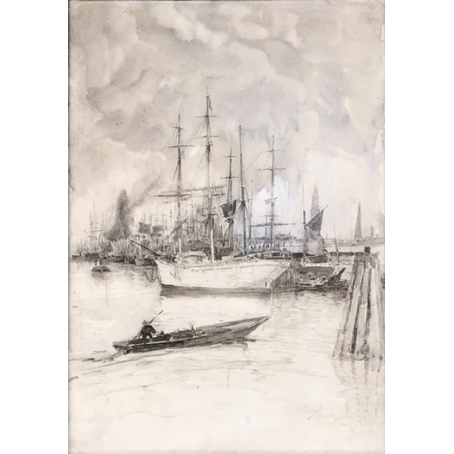 335 - Henry Charles Seppings Wright (1850-1917), tall ships in port, charcoal heightened in gouache, signe... 