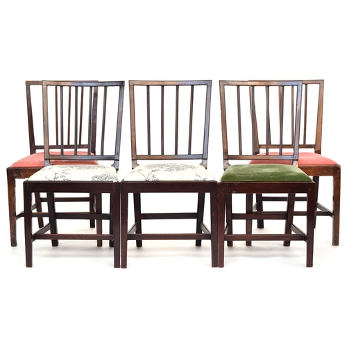 498 - A set of three Sheraton design mahogany dining chairs, together with two later oak examples (5)