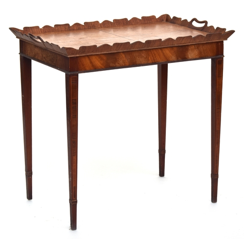 497 - A burr walnut butler's tray with quartered top, on square tapered legs, 67cm wide x 45cm deep x 62cm... 