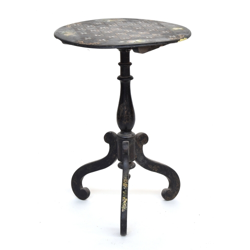 504 - A ebonised papier-mache mother of pearl inlaid occasional table, on turned pillar and three scroll l... 