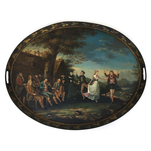 493 - Scottish interest: an 18th century painted oval metal tray, depicting a Scottish scene of musicians ... 