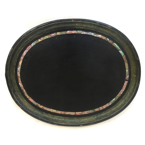 494 - A 19th century papier mache oval tray, with abalone inlay, retailed by William S Burton, Oxford Stre... 