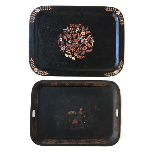 496 - Two rectangular painted metal trays, one depicting an Oriental figure with a clay pipe, 72x52cm and ... 