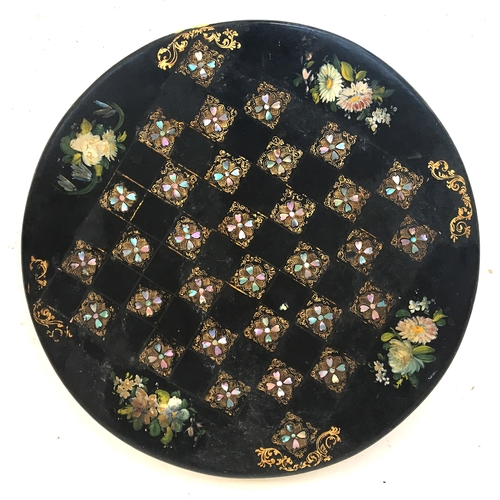 504 - A ebonised papier-mache mother of pearl inlaid occasional table, on turned pillar and three scroll l... 