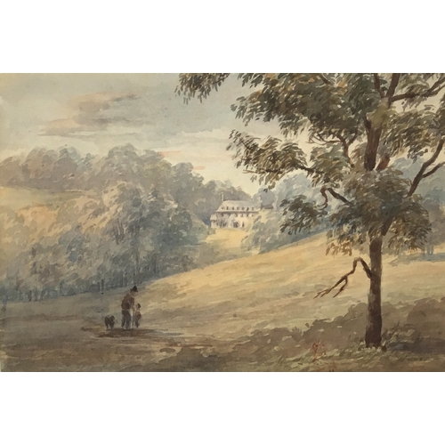 329 - 19th century British school, country house set within landscape with figures in the foreground, wate... 