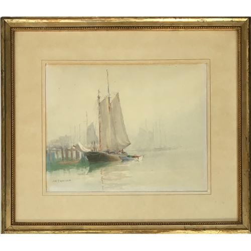 331 - JK Thurston, 19th century watercolour of boats in a harbour, signed lower left, 25x32cm