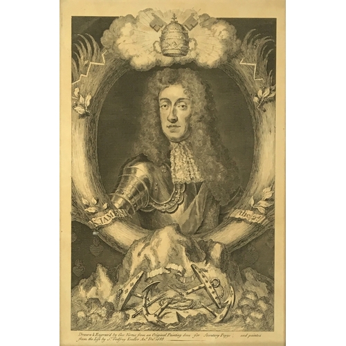 312 - Five 18th century engravings of British monarchs by George Vertue, Charles I, Charles II, James I, J... 