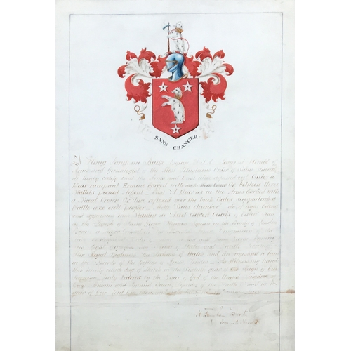 339 - Heraldry interest, a hand scrivened and illuminated grant of arms to Sir Stanley De Astel Calvert Cl... 