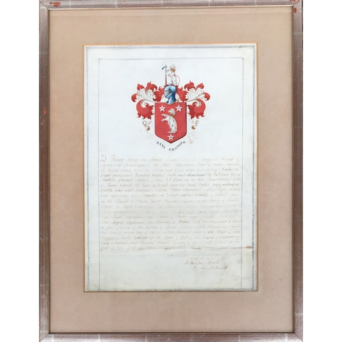 339 - Heraldry interest, a hand scrivened and illuminated grant of arms to Sir Stanley De Astel Calvert Cl... 