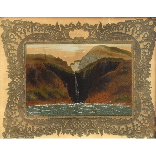 304 - A pair of 19th century sand pictures, the first depicting a waterfall scene, title indistinct, initi... 