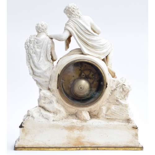 731 - A 19th century bisque porcelain and gilt metal mounted  mantel clock, depicting two figures, the whi... 