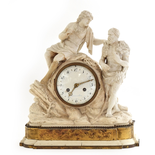 731 - A 19th century bisque porcelain and gilt metal mounted  mantel clock, depicting two figures, the whi... 