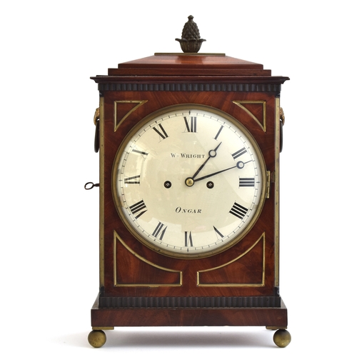 727 - A clock by W. Wright, Ongar, Roman numerals to white enamel face, in mahogany case with gilt metal p... 