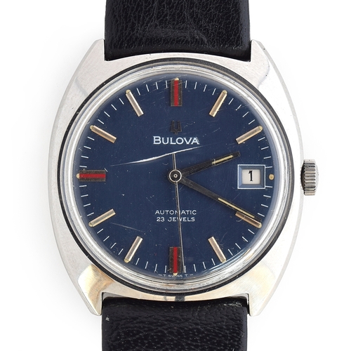 579 - A BULOVA GENTLEMAN'S STEEL AUTOMATIC WRIST WATCH WITH DATE
Dated 1969, ref. 775, blue dial, double b... 