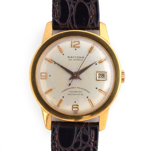 662 - A RAMONA GENTLEMAN'S STEEL AND GOLD PLATED AUTOMATIC DATE WATCH
Circa 1960s, cream dial, Arabic numb... 