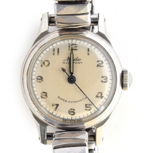 676 - A MIDO MULTIFORT LADIES STEEL AUTOMATIC WRIST WATCH
Circa 1950s, white face, Arabic numbers, luminou... 