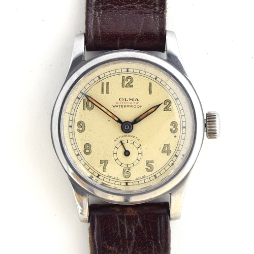 678 - AN OLMA GENTLEMAN'S STEEL AUTOMATIC WRIST WATCH
Circa 1950s, cream dial, cream hands  Arabic numeral... 