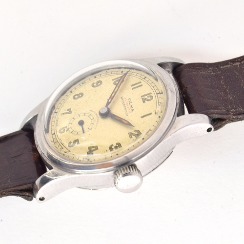 678 - AN OLMA GENTLEMAN'S STEEL AUTOMATIC WRIST WATCH
Circa 1950s, cream dial, cream hands  Arabic numeral... 