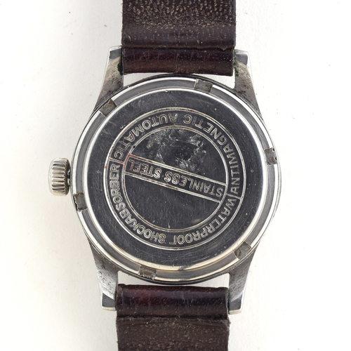 678 - AN OLMA GENTLEMAN'S STEEL AUTOMATIC WRIST WATCH
Circa 1950s, cream dial, cream hands  Arabic numeral... 