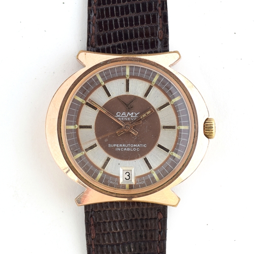 679 - A CAMY STEEL AND ROSE GOLD FILLED GENTLEMAN'S AUTOMATIC WRIST WATCH
Circa 1960s, brown and silvered ... 