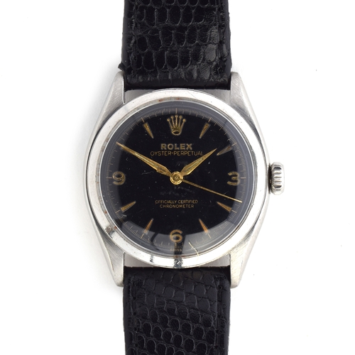 549 - A ROLEX OYSTER PERPETUAL STEEL BUBBLE BACK GENTLEMAN'S WRIST WATCH
Circa 1950s, ref. 6084, black dia... 