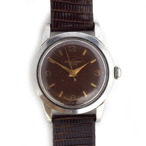 616 - A FAVRE LEUBA STEEL GENTLEMAN'S WRIST WATCH
Circa 1950s, brown textured dial with Arabic numerals on... 