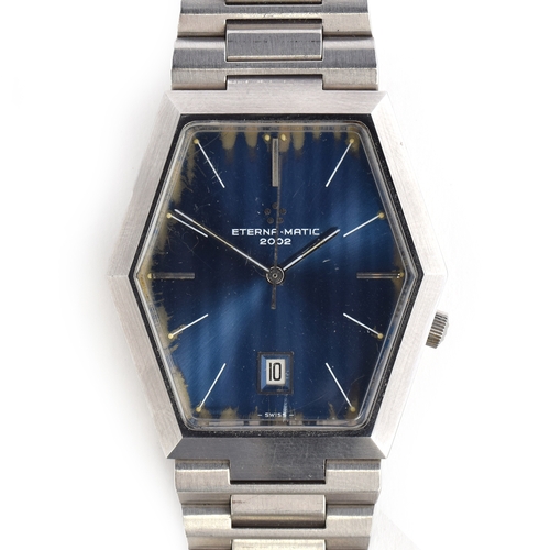 664 - AN ETERNA-MATIC 2002 GENTLEMAN'S STEEL HEXAGONAL WRIST WATCH
Circa 1970s, steeled blue dial, white p... 