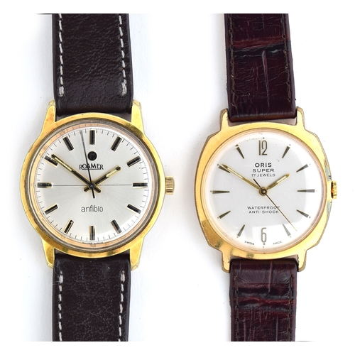 621 - AN ORIS GOLD PLATED GENT'S WATCH,
17J screw back; together with a Roamer Anfibio gold plated gent's ... 