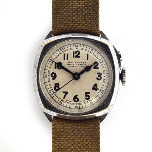 599 - A SIRO (ORIS) CHROMED MILITARY STYLE WRIST WATCH
Cira 1930, engine turned dial, Arabic numerals, blu... 