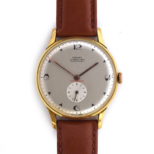 705 - A CAUNY STEEL AND GOLD PLATED OVERSIZED GENT'S WATCH
Circa 1950s, silvered dial, DECO Arabic numbers... 