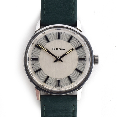 587 - A BULOVA STEEL GENT'S MECHANICAL
1972, silvered dial, raised double baton markers, straight hands
Mo... 