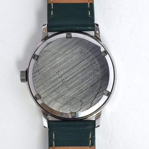 587 - A BULOVA STEEL GENT'S MECHANICAL
1972, silvered dial, raised double baton markers, straight hands
Mo... 