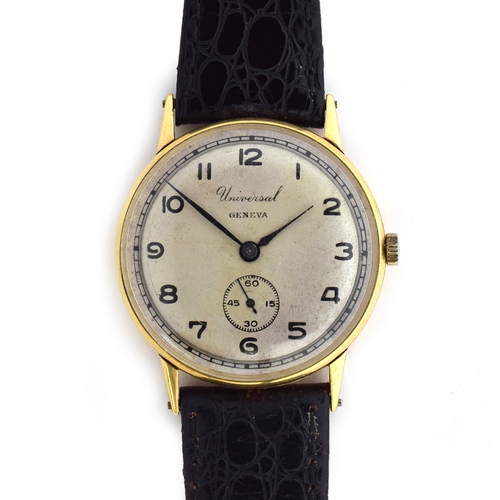 569 - A UNIVERSAL GENEVE 18CT GOLD GENT'S WRIST WATCH 
Circa 1950s, cream two-tier dial, Arabic, subsidiar... 