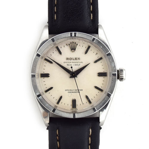 550 - A ROLEX OYSTER PERPETUAL GENTLEMAN'S STEEL WRIST WATCH
Dated 1956, ref. 6569, raised double baton ma... 