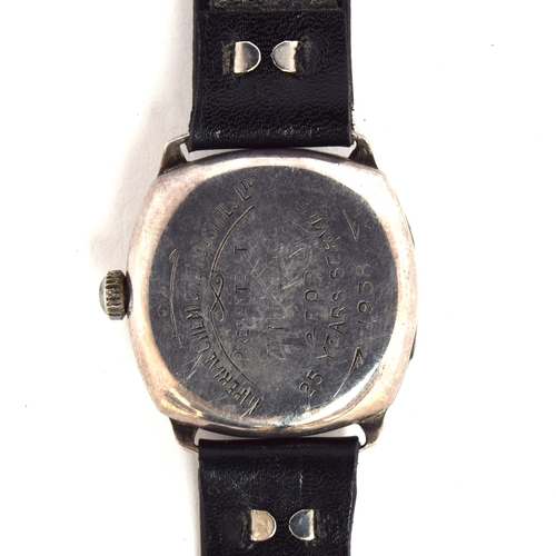 627 - A SMITHS SILVER GENTLEMAN'S WRIST WATCH
Dated 1938, engine turned dial with Arabic numerals, Breguet... 