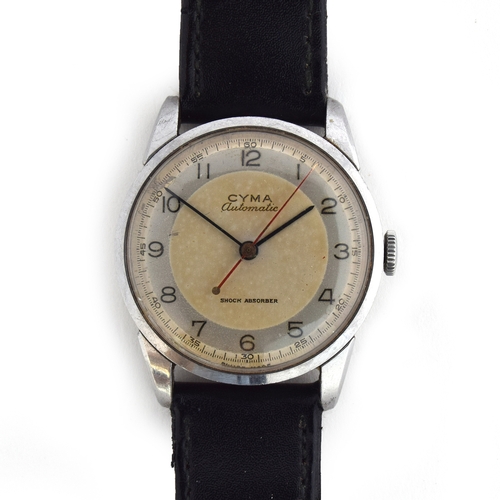 709 - A CYMA GENTLEMAN'S STEEL AUTOMATIC WRIST WATCH
Circa 1950s, two tone silvered dial with painted Arab... 