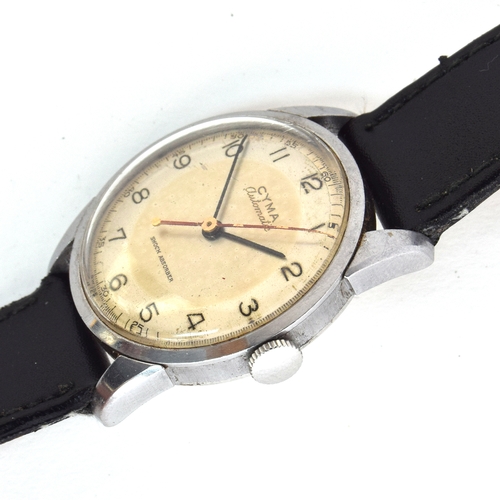 709 - A CYMA GENTLEMAN'S STEEL AUTOMATIC WRIST WATCH
Circa 1950s, two tone silvered dial with painted Arab... 