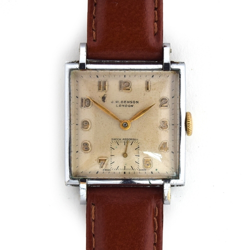 710 - A BENSON GENTLEMAN'S STEEL WATCH
Circa 1950s, white dial with raised Arabic numbers
Movement: 17J ma... 