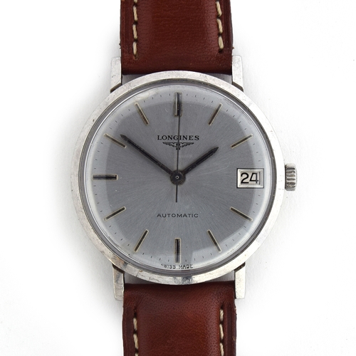 577 - A LONGINES GENTLEMAN'S STEEL AUTOMATIC WRIST WATCH
Circa 1960s, silvered dial with raised silver bat... 