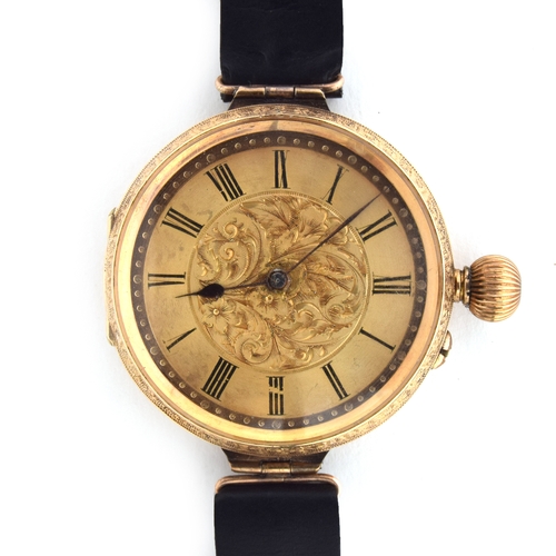 726 - AN 18CT GOLD CONVERTED FOB WATCH
Champagne dial with floral engraving to centre, painted Arabic nume... 