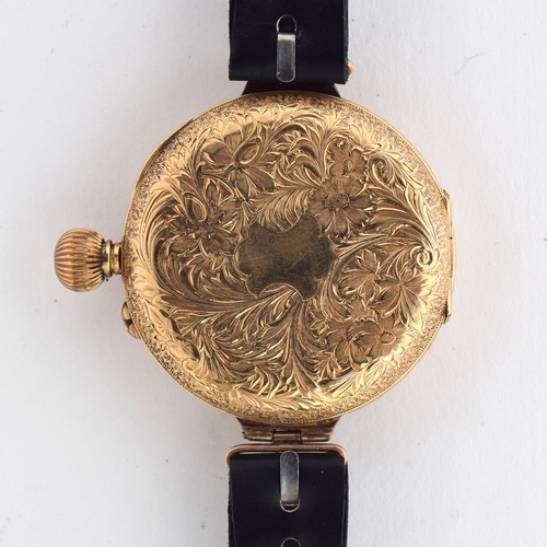 726 - AN 18CT GOLD CONVERTED FOB WATCH
Champagne dial with floral engraving to centre, painted Arabic nume... 