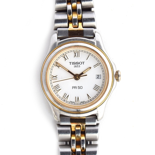 605 - A TISSOT STEEL AND GOLD PLATED LADIES PR50 QUARTZ WATCH
White dial with gold Roman numerals, diamete... 