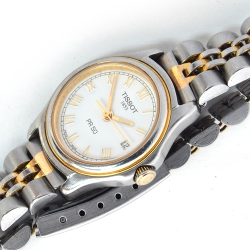 605 - A TISSOT STEEL AND GOLD PLATED LADIES PR50 QUARTZ WATCH
White dial with gold Roman numerals, diamete... 