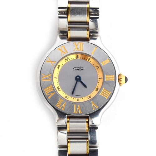 558 - A CARTIER 21 LADIES STEEL QUARTZ WATCH
Silvered dial, with gold Roman numerals and steeled blue hand... 