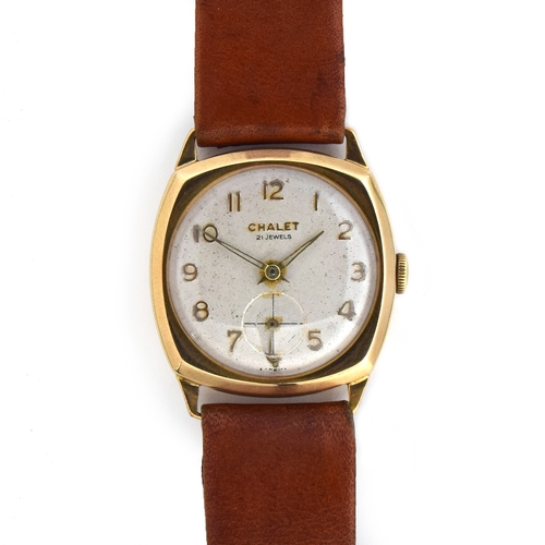 614 - A CHALET GENT'S 9CT GOLD MECHANICAL WATCH
Circa 1950s, cream face, Arabic numerals, subsidiary secon... 