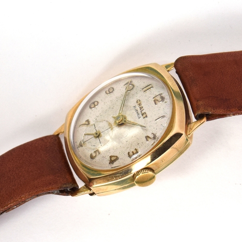 614 - A CHALET GENT'S 9CT GOLD MECHANICAL WATCH
Circa 1950s, cream face, Arabic numerals, subsidiary secon... 