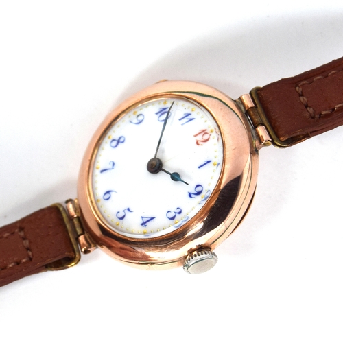 680 - A 9CT GOLD HINGED CASE MECHANICAL WATCH
Hallmarked for 1907, porcelain dial, blue Arabic numerals wi... 