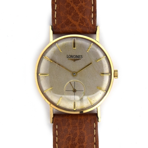 575 - A LONGINES 9CT GOLD GENTLEMAN'S MECHANICAL WRIST WATCH
Circa 1950s, cream dial, raised gold baton ma... 