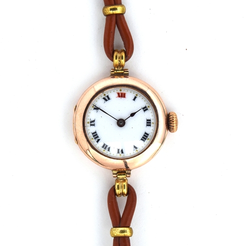 544 - A ROLEX LADIES 9CT GOLD WATCH
1916, enamelled dial, Roman numerals with red 12
Case: diameter 25mm, ... 